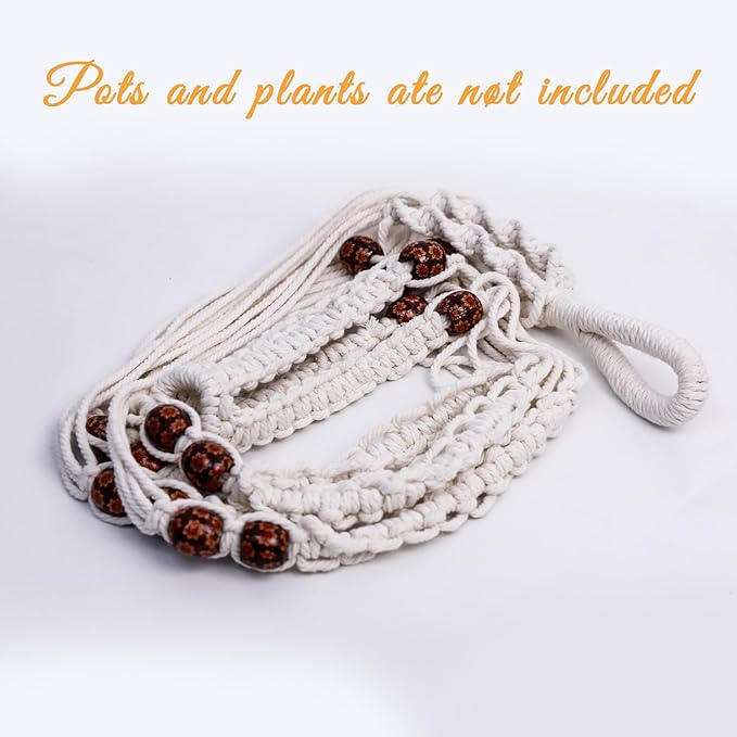 35 Inch Macrame Plant Hanger, Large for up to 15 Inch Pot Extra Long Hanging Planter Holder Basket with Wood Beads for Indoor Outdoor Home Decor (Ivory, 2-Pack)