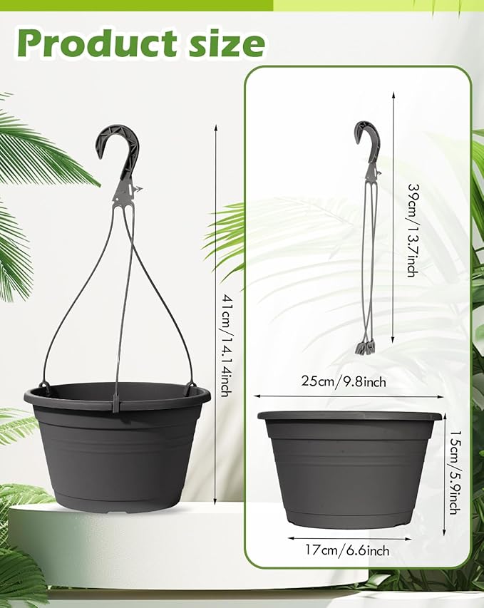 VIDELLY 4 Pcs Hanging Planters,10" Hanging Pots Plastic Hanging Flower Plant Basket with Drainage Trays & Chain Holder for Outdoor Indoor Plants Garden Balcony Decoration, Dark Gray