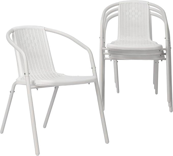 VINGLI PE Rattan Outdoor Dining Chairs Set of 4, Plastic Stackable Patio Chairs for Indoor, Porch, Restaurant, Garden, White