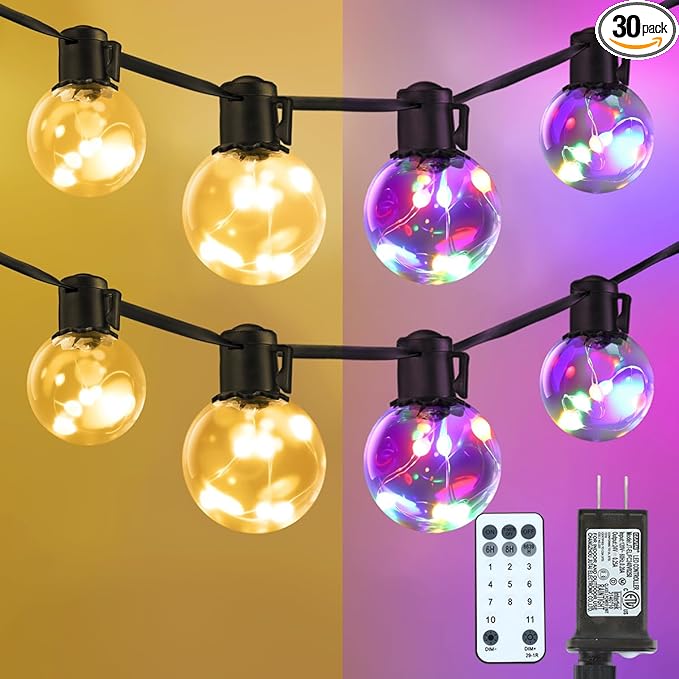 Outdoor String Lights, 25ft 20 LED Bulbs Hanging Patio Lights Dimmable with Timer & Remote, Globe Bulb Shatterproof & Waterproof for Outdoor Indoor Backyard Balcony Decor - Warm White & Multi