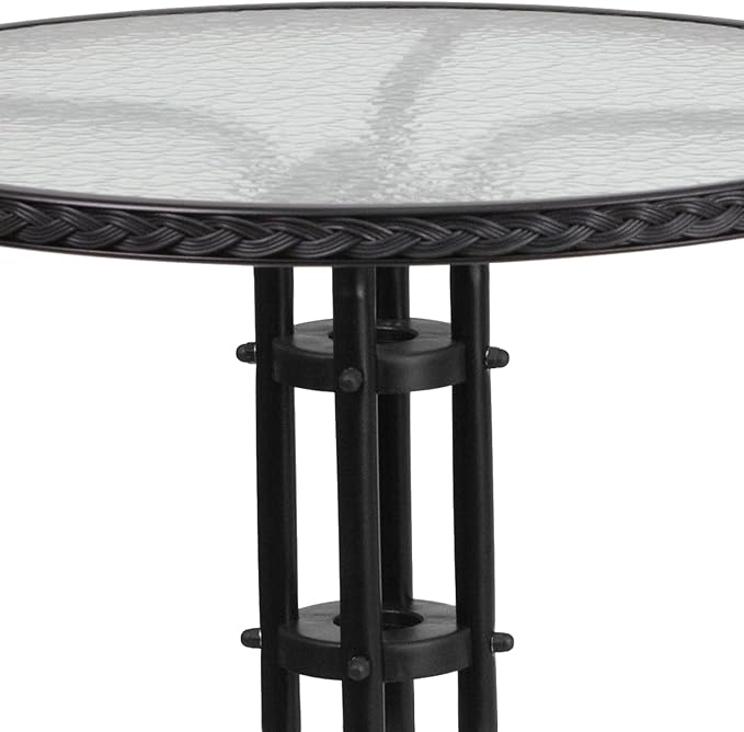 Flash Furniture Lila 28'' Round Glass Metal Table with Black Rattan Edging and 2 Black Rattan Stack Chairs