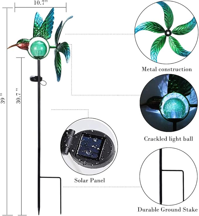 Afirst Solar Hummingbird Wind Spinner, Metal Kinetic Garden Stake Lights Wind Spinners, Outdoor Lights Lawn and Garden Décor
