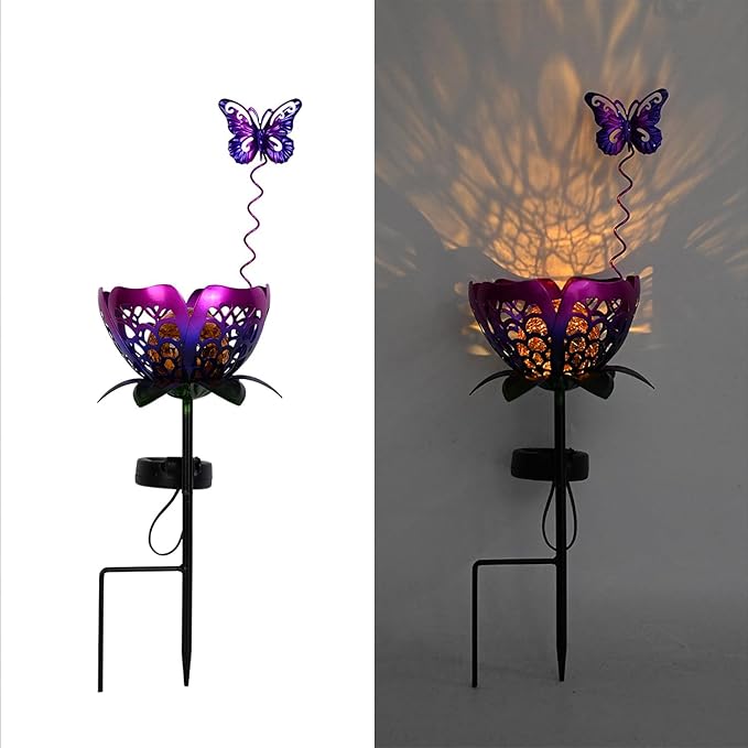 Solar Lights Outdoor Garden Decor,LED Lotus Flower Lamp, Metal Tulip & Butterfly Decoration Solar Lawn Lamp for Courtyard, Garden Gifts for Women (Purple)