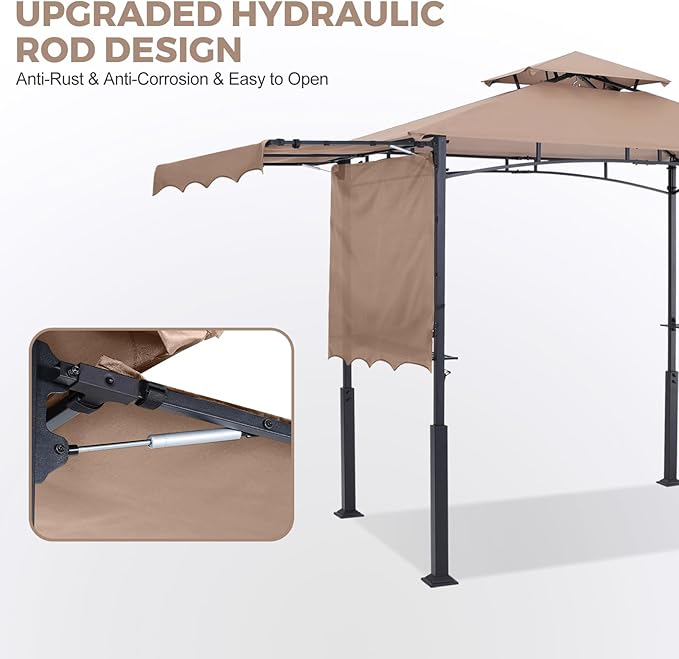 ABCCANOPY Grill Gazebo with Extra Awning - 11x5 Outdoor BBQ Canopy Shelter with 2 Led Lights for Patio Backyard Grilling (Khaki)