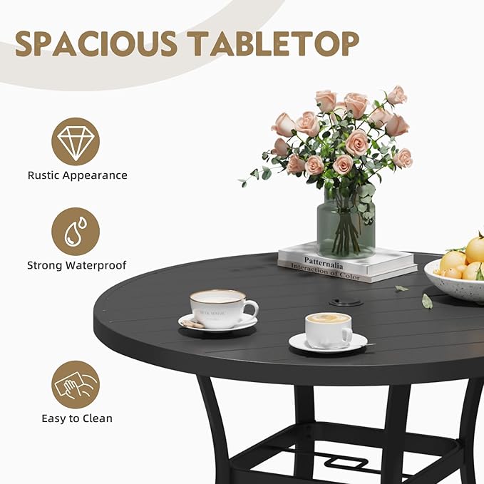 MELLCOM 42'' Round Outdoor Dining Table for 4, Metal Patio Dining Table with Umbrella Hole, All-Weather Black Table for Porch, Garden, Backyard, Poolside, Lawn