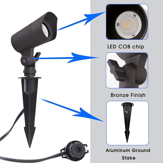 LED Landscape Lights with Connectors, 12V Low Voltage, Warm White 3000k, 4W, 175LM, Outdoor Waterproof Garden Pathway Lights Wall Tree Flag Spotlights with Spike Stand, 6 Pack
