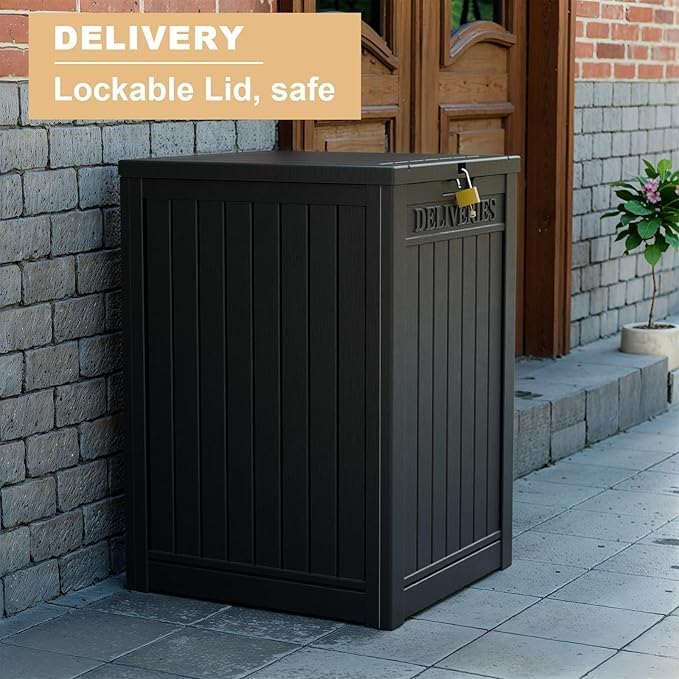 DRATO 48 Gallon Package Delivery Box, Large Lockable Storage Box, Double-Wall Resin Outdoor Package Delivery and Waterproof Deck Box for Porch, Patios（Black，48 Gallon）