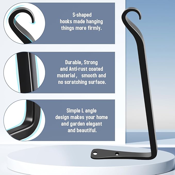FEED GARDEN 2 Pack 12 Inch Hanging Plant Bracket Wall Hooks Decorative Plant Hangers for Outdoor Hanging Bird Feeders, Wind Chimes, Plant Baskets, Black