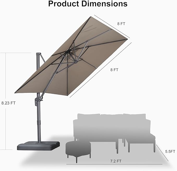 PURPLE LEAF Patio Umbrella 8' X 8' Rectangle Cantilever Umbrella Large Aluminum Outdoor Umbrellas with 360-degree Rotation & UPF40+ Premium Fabric for Deck Pool Garden Yard, Ash Mocha