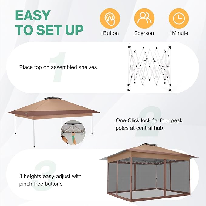C0BIZI Gazebo 10x15 Pop up Canopy,Gazebos on Clearance-Canopy Tent with Mosquito Netting for Lawn,Garden,Backyard & Patio-Outdoor Tent-Water Resistant and UPF50+ (Brown)