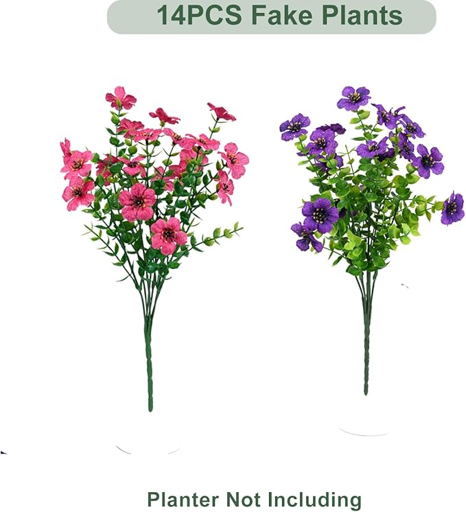 Artificial Flowers for Outdoor, UV Resistant Fake Silk Flowers, Realistic Faux Plants for Outside Indoor Porch Patio Window Box Planter Home Decor (14, Purple Rosy)