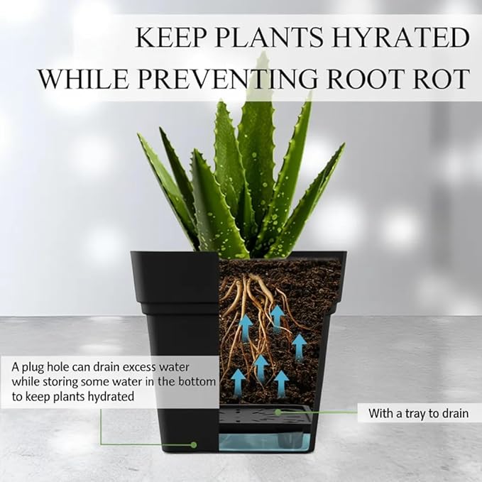 6-Pack 7'' Square Planters with Built-in Drainage Tray – Heavy-Duty Black Plastic Planter with Drainage Hole and Bottom Stopper, BPA-Free Plant Pots Matte Finish for Indoor Outdoor