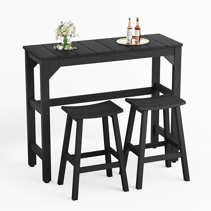 Stoog 3-Pieces Patio Bar Set, All-Weather HIPS Outdoor Bar Stools Set of 2, Counter Height Bar Table with Waterproof Top, Never Fade or Rot, Black