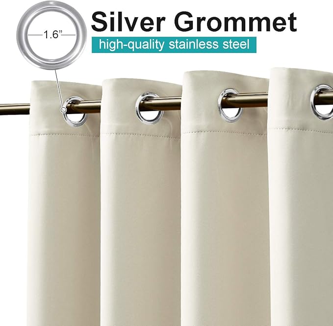 NICETOWN 2 Panels Weighted Patio Outdoor Curtains 95 inch Length, Home Fashion Microfiber Thermal Insulated Silver Stainless Steel Grommet Room Darkening Drapes for Terrace, Beige, W52 x L95