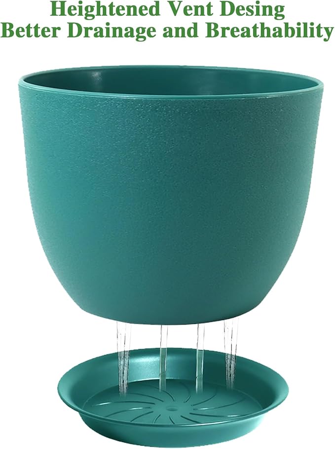 12inch Large Plant Pot, Modern Plastic Planter with High Driange Holes and Saucer for Indoor Outdoor Garden Plants and Flowers, Black with Green Speckles