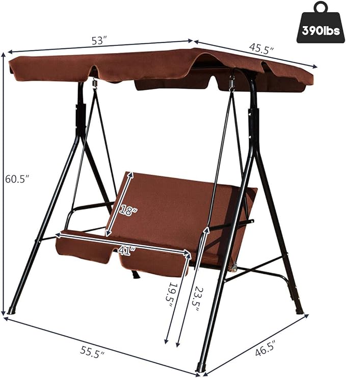 Tangkula 2 Person Porch Swing, Outdoor Swing with Removable Cushions, Solid Steel Structure, Patio Swing with Adjustable Canopy for Porch, Backyard, Garden, Balcony