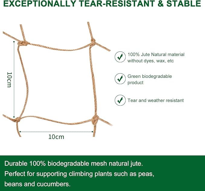 Jute Trellis Netting - Jute Netting for Garden, Heavy Duty Plant Support Netting for Climbing Plants, Cucumber, Vine, Fruits & Vegetables, Climbing Vining Plants (3.3 Ft X 6.6 Ft, 3.9 Inch Squares)