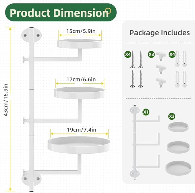 Plant Holder Indoor Rotating Window Plants Shelves Metal Wall Plant Stand 3 Tier Wall Planters for Indoor Plants, for Outdoor, Patio, White