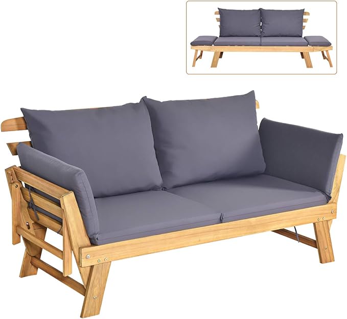 Tangkula Convertible Acacia Wood Patio Couch Sofa Bed with Adjustable Armrest, Outdoor Daybed with Cushion & Pillows, Outside Folding Futon Sofa Couch Bench for Porch, Courtyard, Poolside & Garden