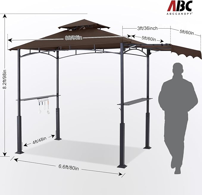 ABCCANOPY Grill Gazebo with Extra Awning - 11x5 Outdoor BBQ Canopy Shelter with 2 Led Lights for Patio Backyard Grilling (Coffee)