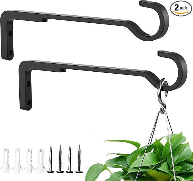 8 Inch 2 Pack Black Heavy Duty Outdoor Plant Hangers, Iron Hanging Plant Brackets for Hanging Plants Outside, Metal Plant Hooks Plant Wall Hooks for Hanging Lantern, Bird Feeder