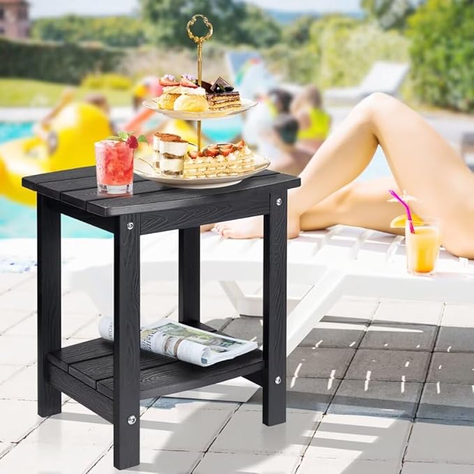 Y&M Outdoor Side Table, HIPS Adirondack Small Double Layer Table, Waterproof Square Outside Table, Balcony Modern End Tables for Patio, Pool, Beach, Porch, Deck, Indoor or Outdoor Use, Black
