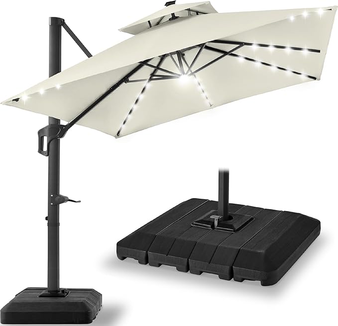 Best Choice Products 9x12ft LED Cantilever Patio Umbrella w/Base Included & 360° Rotation, Large Solar Offset Hanging Outdoor Sun Shade for Deck, Backyard Table w/Stand & Lights – Ivory