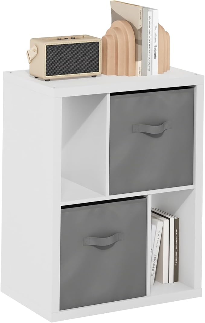 Furinno Viola Standing Storage Shelf with Two Storage Bins, White/Light Grey
