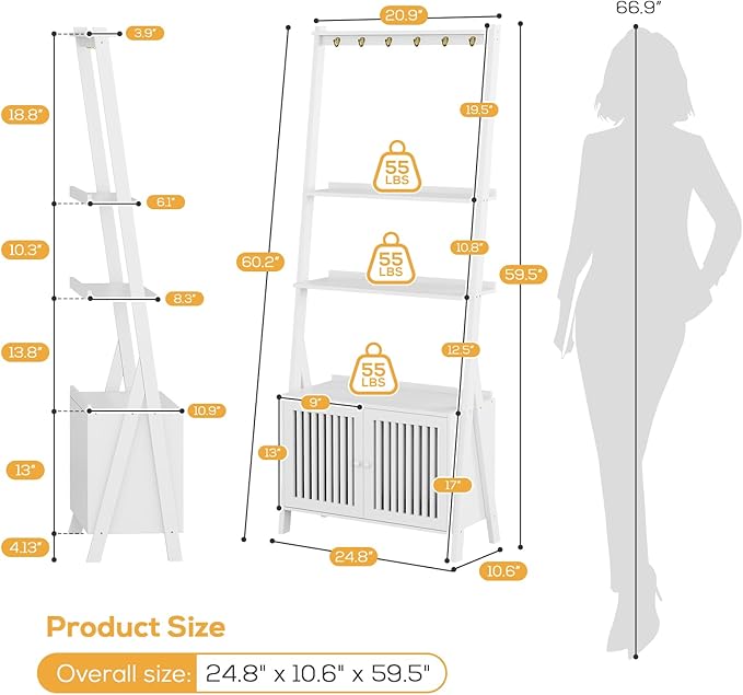 4-Tier Ladder Shelf with Drawers 59.5"H x 24.8"L x 10.6"W, Ladder Bookshelf with 6 Hooks, Tall Narrow Retro Bookcase, Freestanding Storage Shelf for Living Room, Home Office, Bedroom, White