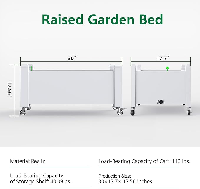 Raised Garden Bed with Wheels, 14 Gallon Self-Watering Raised Planter Box with Drainage Plug & Gauge for Vegetables Flowers Herbs Succulents, Rustproof Resin for Backyard Patio Porch (Ashen)