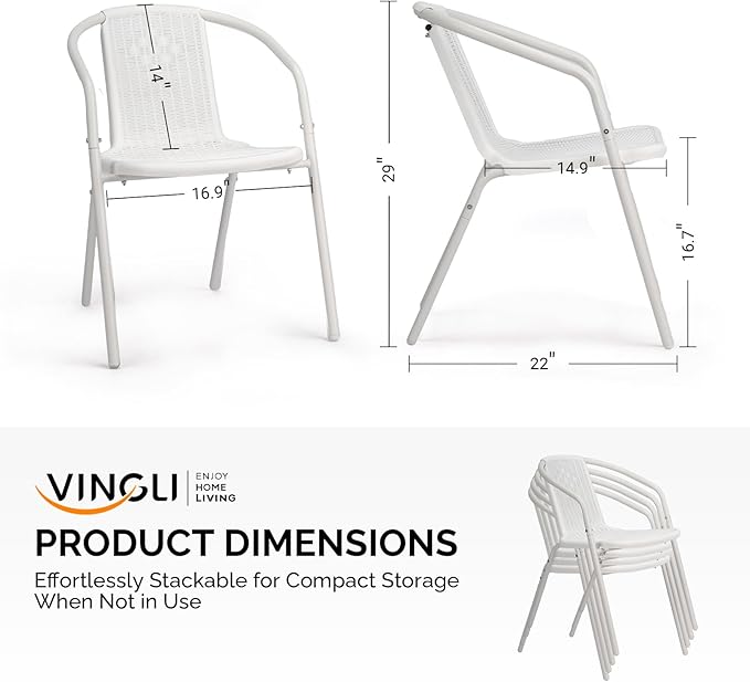 VINGLI PE Rattan Outdoor Dining Chairs Set of 2, Plastic Stackable Patio Chairs for Indoor, Porch, Restaurant, Garden, White