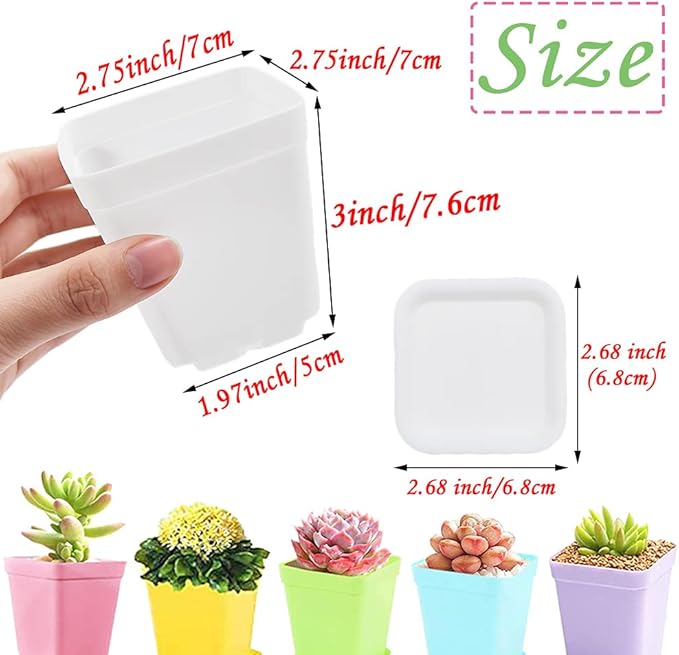 Haawooky 48 PCS 3 Inch Colorful Plastic Plant Pot,Plastic Square Nursery Pots,Seedling Nursery Pots with Saucers for Garden,Home,Office,Balcony Decor,Garden Gifts