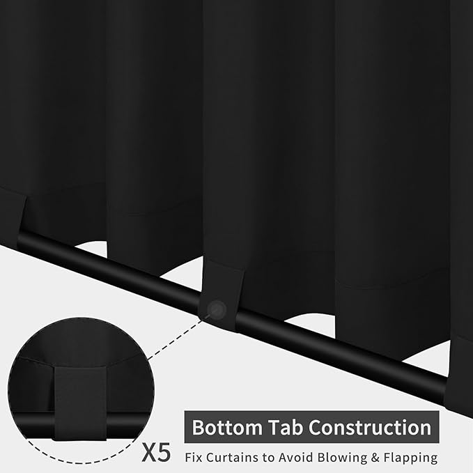 Easy-Going Outdoor Patio Curtains Detachable Tab Top Windproof Weatherproof Curtain for Cabana, Porch, Pergola and Gazebo, Tab Bottom Drape, 2 Panels, 110W x 84L inch, Black