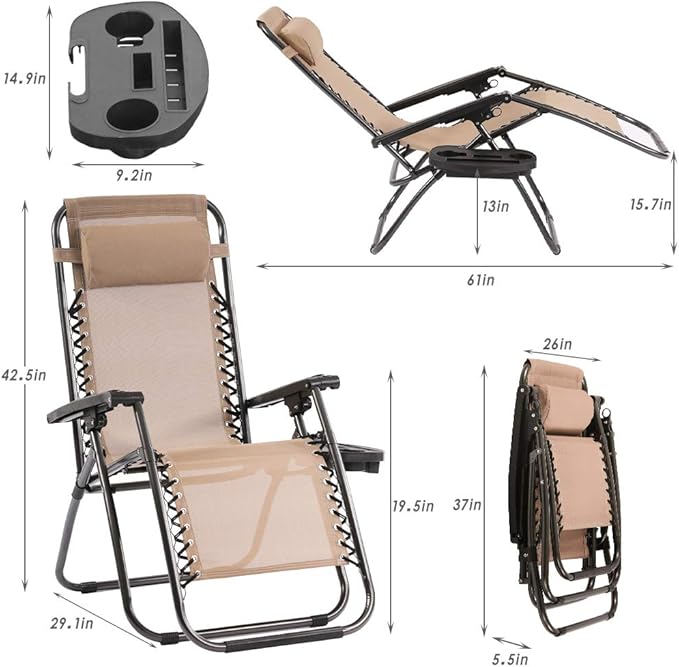 Set of 2 Zero Gravity Chairs Lounge Chair with Pillow and Cup Holder Patio Outdoor Adjustable Dining Reclining Folding Chairs for Deck Patio Beach Yard