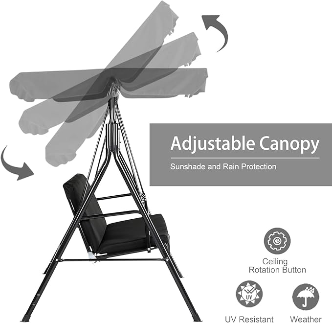 AECOJOY Porch Swing with Stand, Outdoor Swings for Adults, 3-Seat Outdoor Swing with Canopy, Outside Swing Bench with Removable Cushion, Suitable for Backyard, Garden, Yard, Poolside, Balcony (Black)