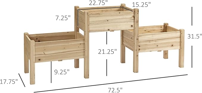 Outsunny Raised Garden Bed with 3 Planter Box, Elevated Wooden Plant Stand with Drainage Holes, for Vegetables, Herb and Flowers, Natural