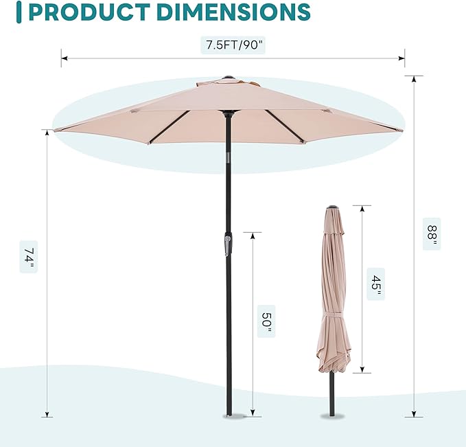 OLIXIS 7.5ft Patio Umbrella with Tilt and Crank Button & 8 Sturdy Ribs Waterproof, Patio Table Umbrella Perfect for Poolside, Terrace, Beach and Outdoor Restaurant, Beige