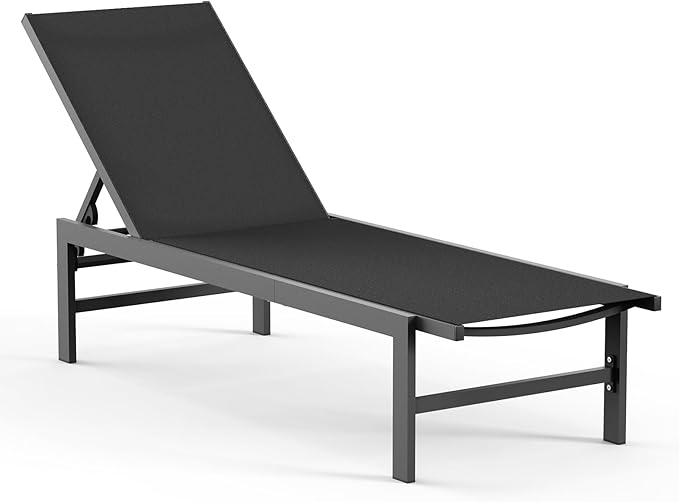 Outdoor Lounge Chair for Pool, Aluminum Chaise Lounge Chairs with 5-Position Recliner, Patio Lounge Chair for Backyard, Poolside, Deck, Lawn (Black)