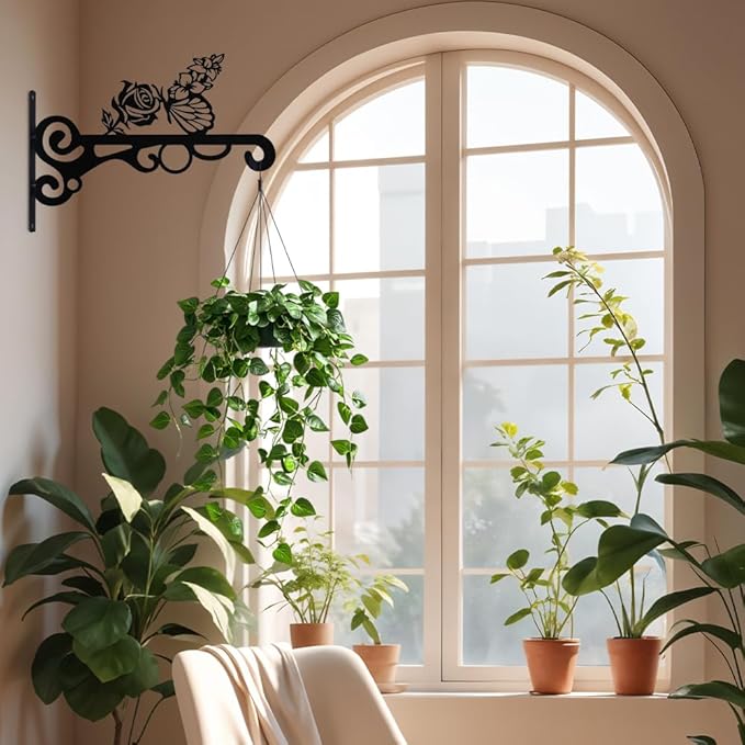 hogardeck Plant Hangers Outdoor Decor, 2 PCS 10” Metal Hanging Plant Bracket with Buttterfly and Flower for Garden Patio Yard Decor, Plant Hooks for Hanging Plants, Bird Feeder, Wind Chime, Lantern