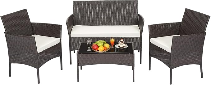 FDW | 4-Piece Patio Furniture Set | Brown | Outdoor Wicker Furniture with Coffee Table | Modern Rattan Chairs Conversation Set | Outdoor Seating | Weather-Resistant | for Porch, Garden, Lawn