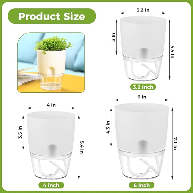 8 Pack Self Watering Pots for Indoor Plants, PlanterHoma 3.2 Inch Plant Pot Plastic Self Watering Planter for Orchid, African Violet, Mini Clear Flower Pots with Drainage Holes and Wicking Rope, White