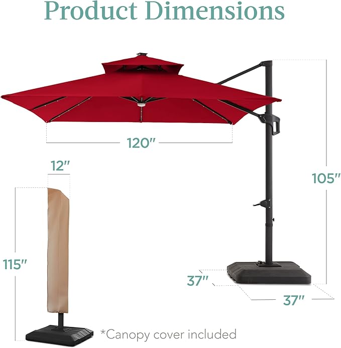 Best Choice Products 10x10ft Cantilever Patio Umbrella w/Base Included, Solar LED Lights 360 Rotation Large Offset Hanging Outdoor Shade for Deck Pool Backyard w/Stand – Red