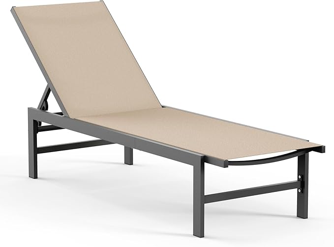Outdoor Lounge Chair for Pool, Aluminum Chaise Lounge Chairs with 5-Position Recliner, Patio Lounge Chair for Backyard, Poolside, Deck, Lawn (Khaki)