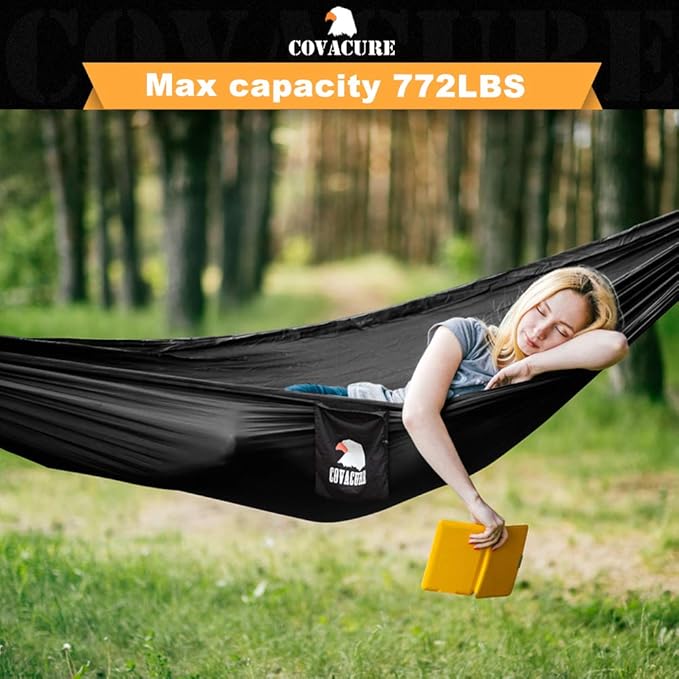 Covacure Camping Hammock - 772lbs Capacity Double Hammock with Tree Straps, Lightweight Parachute Nylon Outdoor Survival Gear for Hiking, Backpacking, Travel or Backyard (Black)
