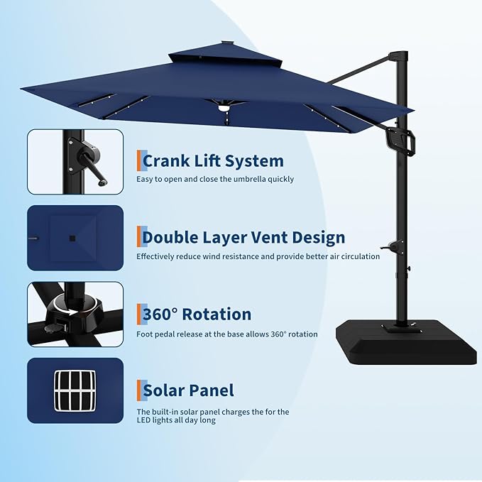 Garvee 10 ft Solar Lights Cantilever Patio Umbrella with Base Included, 360° Rotation Offset Umbrella, Easy Crank & Tilt Adjustment, UV Protection for Backyard, Poolside, Deck -Navy Blue