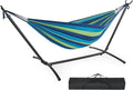 DUMOS Double Hammock with Space Saving Stand, Heavy Duty Steel Frame, Portable for Outside & Indoor Use, 450lbs Capacity, Easy Assembly, Carrying Bag Included, Blue