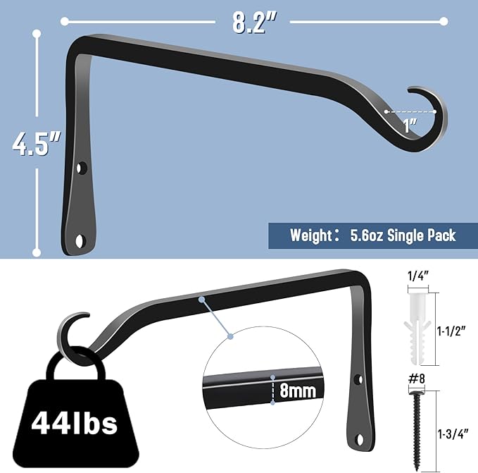 FEED GARDEN 2 Pack 8 Inch Hanging Plant Bracket Wall Hooks Decorative Plant Hangers for Outdoor Hanging Bird Feeders, Wind Chimes, Plant Baskets, Black