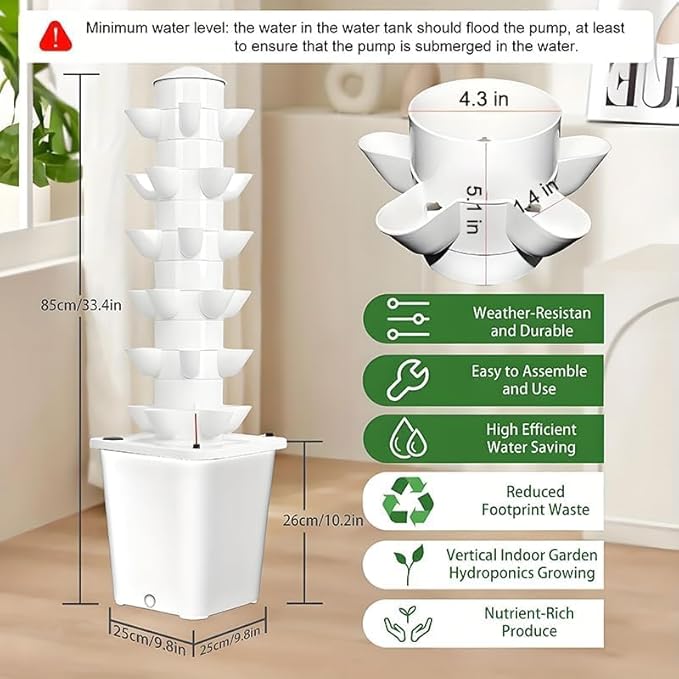 Vertical Hydroponic Tower Garden Growing System - Indoor Planter Kit with 30 Pods, Aeroponic-Style Tower for Herbs, Vegetables, Lettuce & Strawberries, Home Countertop Grow System, White