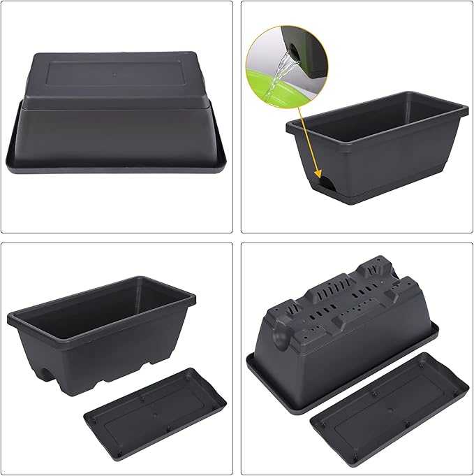 GREANER Rectangular Window Boxes with Trays, 3 Packs Modern Vegetable Planters, 13.8Inch Plastic Flower Boxes Container for Windowsill, Patio, Garden, Balcony, Porch, Indoor and Outdoor Use, Black