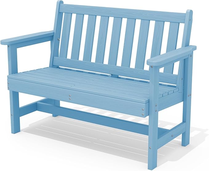 SERWALL Outdoor Bench, HDPE Outdoor Benches Weatherproof, 2-Person Garden Bench with 660 lbs Weight Capacity, Patio Benches for Outdoors, Garden, Porch, Backyard and Park, Light Blue